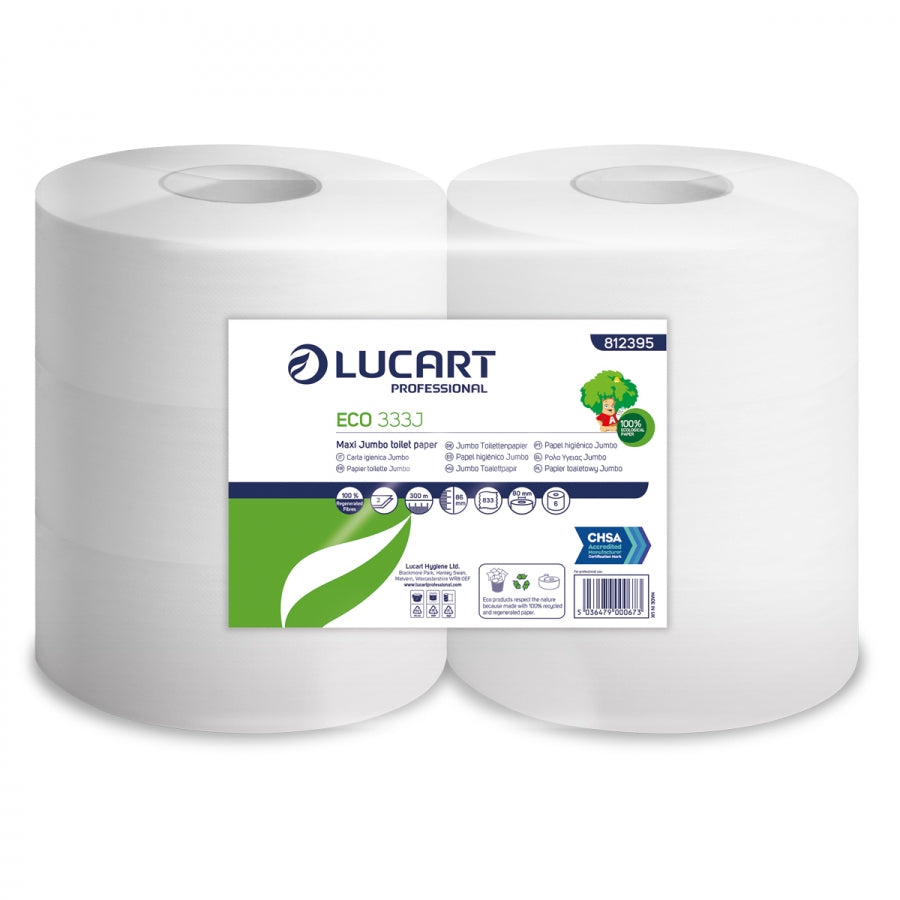 ECO333J JUMBO TOILET ROLL 2 PLY WHITE 300 METRE 3" CORE X 6