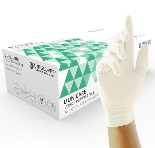 Natural, medical grade, medium weight latex examination gloves, (100 gloves per box), NRL50N